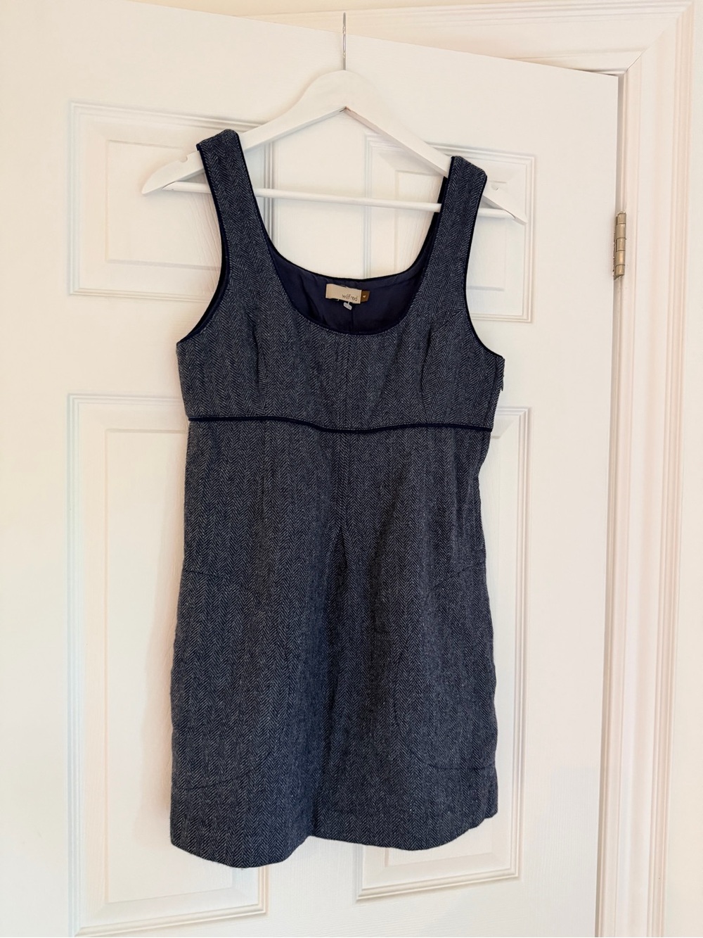 Vintage Aritzia Wilfred Navy Wool Herringbone Mini Dress Size S - Picture 2 of 7
